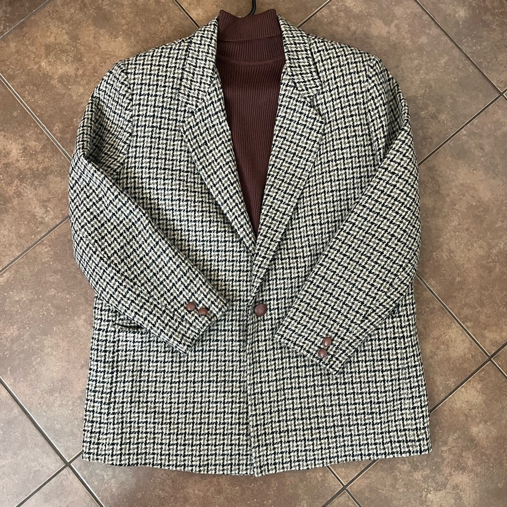 Checked Blazer with Brown Knit Top